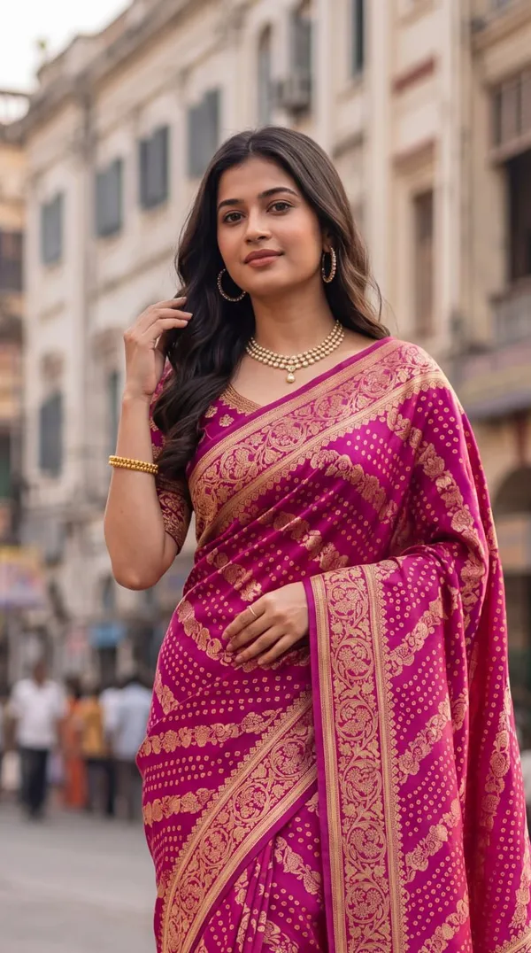 Women’s_Magenta_Pink_Designer_Saree_with_Golden_Floral_Zari_Border