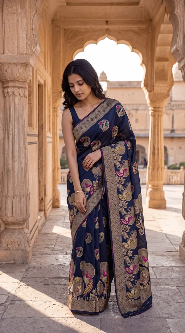 Women’s_Navy_Blue_Designer_Saree_with_Traditional_Paisley_Print_&_Golden_Border