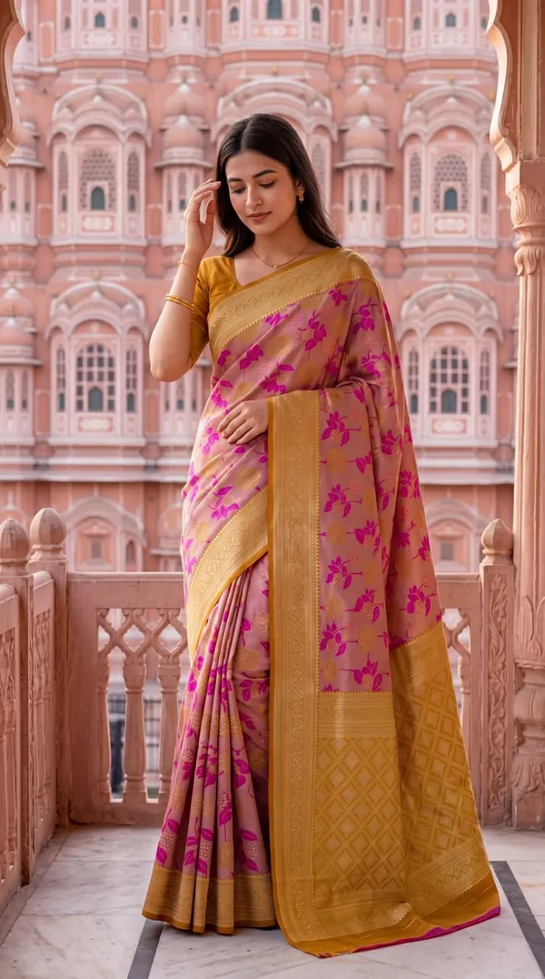 Women’s_Peach_Pink_Designer_Saree_with_Floral_Print_&_Golden_Border
