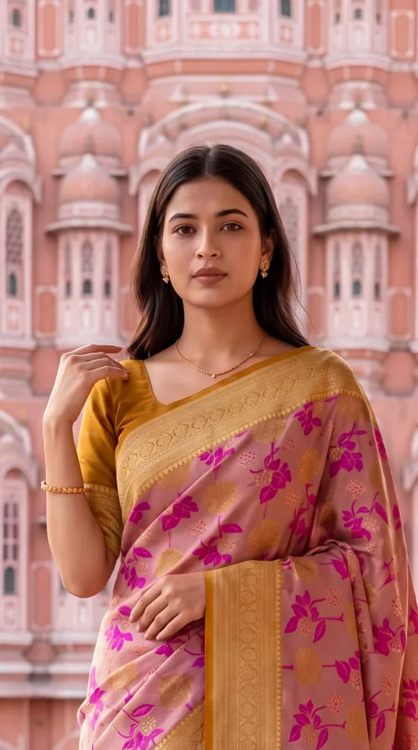 Women’s_Peach_Pink_Designer_Saree_with_Floral_Print_&_Golden_Border