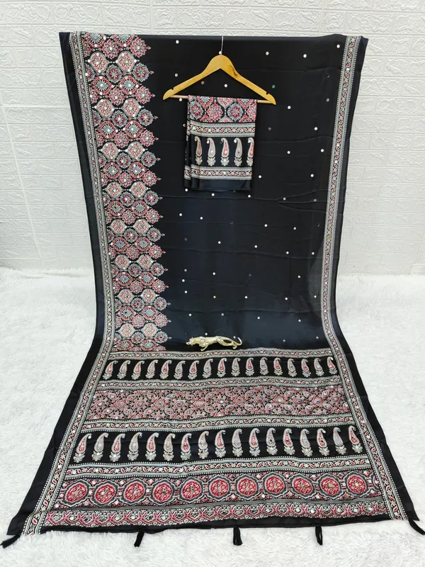 Womens_Premium_Black_Ajrakh_Printed_Cotton_Blend_Saree_With_Designer_Border_And_Tassel_Pallu