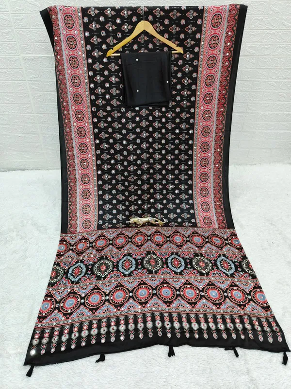 Womens_Premium_Black_Ajrakh_Printed_Cotton_Blend_Saree_With_Tassel_Pallu_And_Mirror_Work