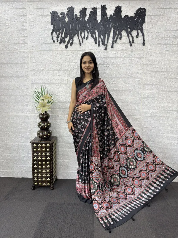 Womens_Premium_Black_Ajrakh_Printed_Cotton_Blend_Saree_With_Tassel_Pallu_And_Mirror_Work