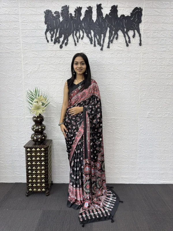 Womens_Premium_Black_Ajrakh_Printed_Cotton_Blend_Saree_With_Tassel_Pallu_And_Mirror_Work