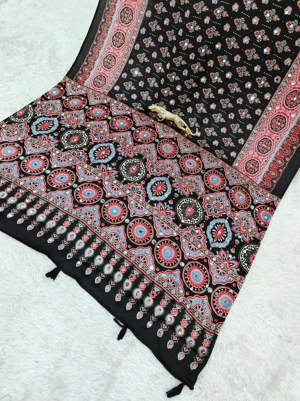 Womens_Premium_Black_Ajrakh_Printed_Cotton_Blend_Saree_With_Tassel_Pallu_And_Mirror_Work