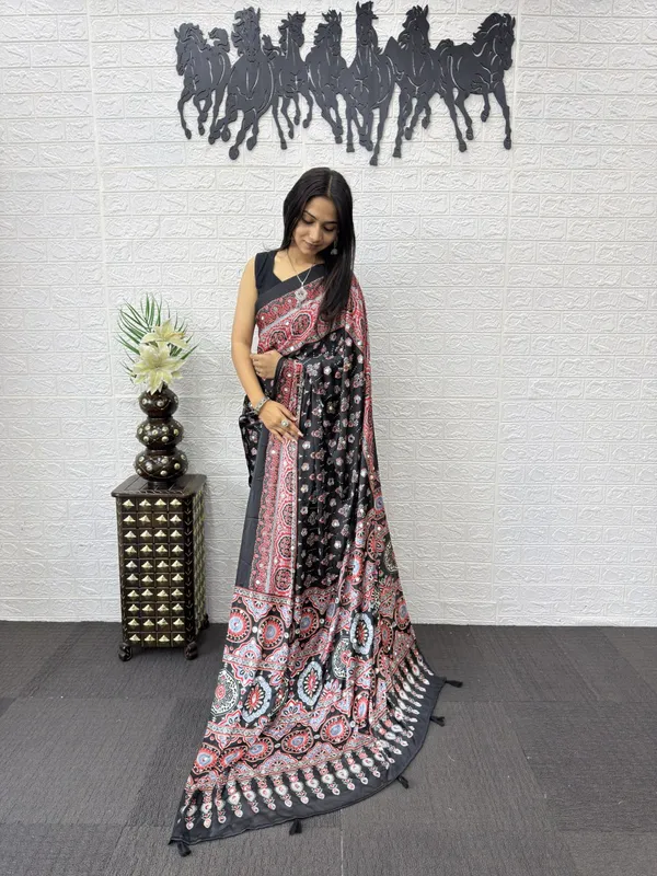 Womens_Premium_Black_Ajrakh_Printed_Cotton_Blend_Saree_With_Tassel_Pallu_And_Mirror_Work
