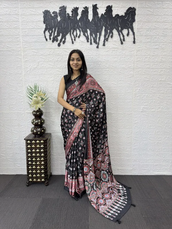 Womens_Premium_Black_Ajrakh_Printed_Cotton_Blend_Saree_With_Tassel_Pallu_And_Mirror_Work