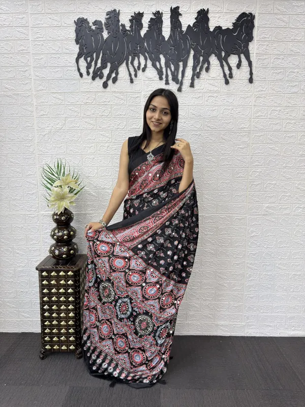 Womens_Premium_Black_Ajrakh_Printed_Cotton_Blend_Saree_With_Tassel_Pallu_And_Mirror_Work