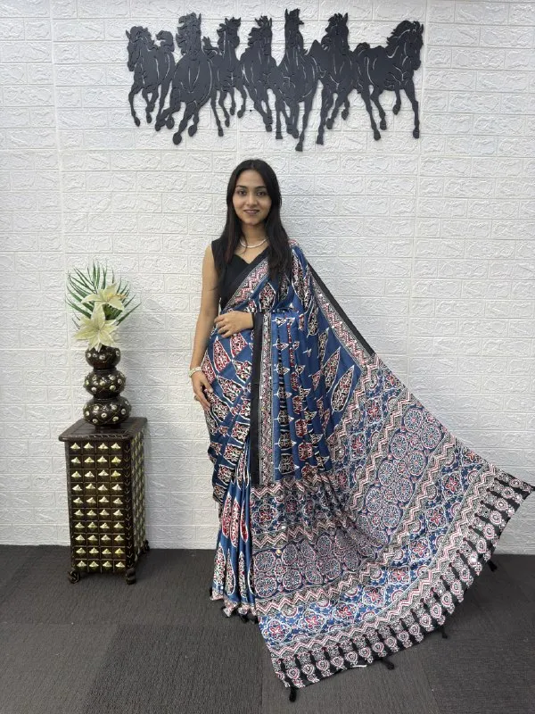 Womens_Premium_Blue_Cotton_Printed_Saree_With_Designer_Border_And_Tassel_Pallu_And_Mirror_Work