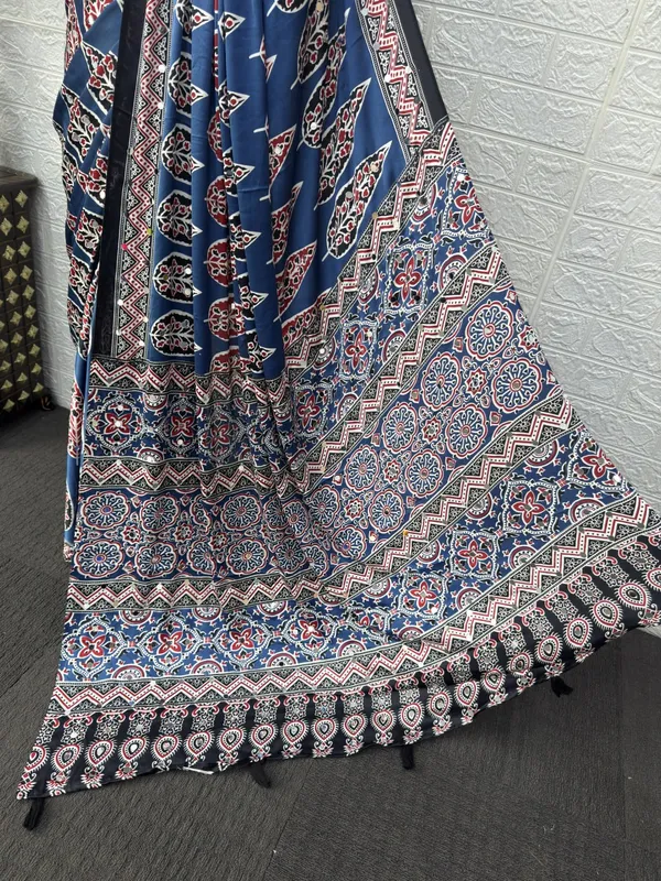 Womens_Premium_Blue_Cotton_Printed_Saree_With_Designer_Border_And_Tassel_Pallu_And_Mirror_Work