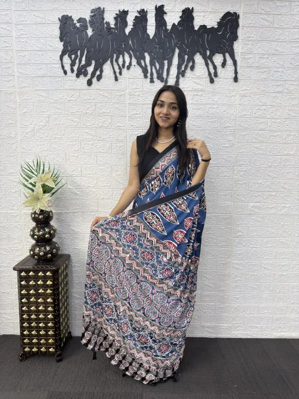 Womens_Premium_Blue_Cotton_Printed_Saree_With_Designer_Border_And_Tassel_Pallu_And_Mirror_Work