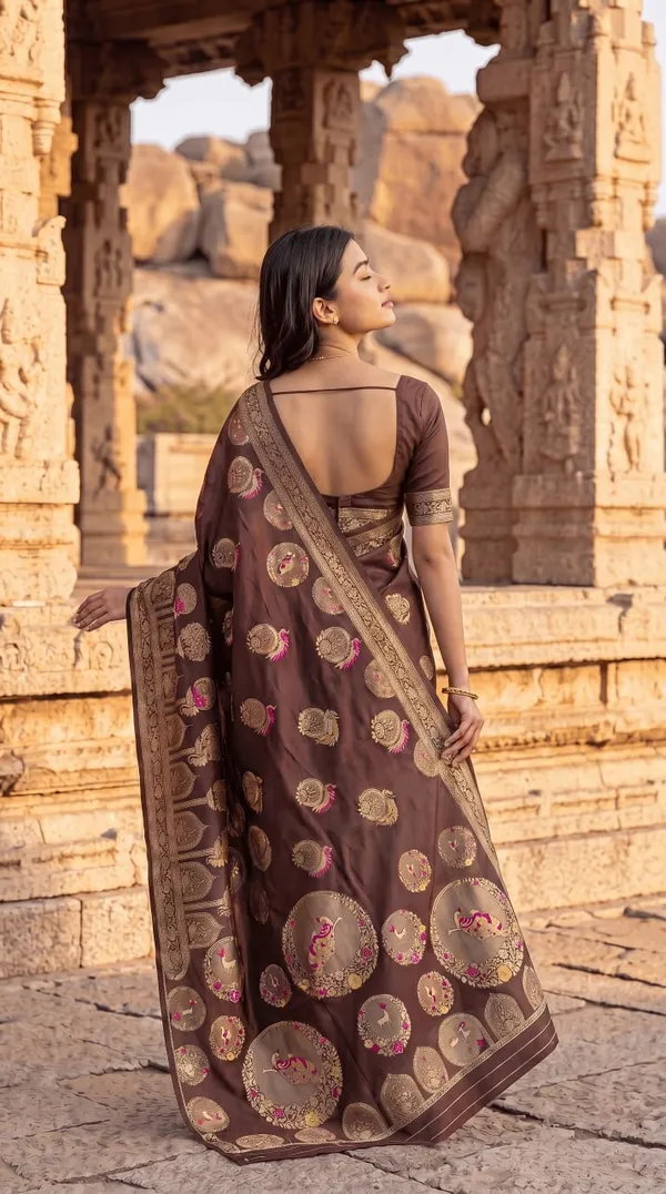 Womens_Premium_Chocolate_Brown_Banarasi_Silk_Blend_Saree_With_Golden_Zari_Woven_Motifs