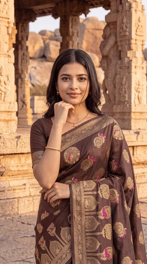 Womens_Premium_Chocolate_Brown_Banarasi_Silk_Blend_Saree_With_Golden_Zari_Woven_Motifs