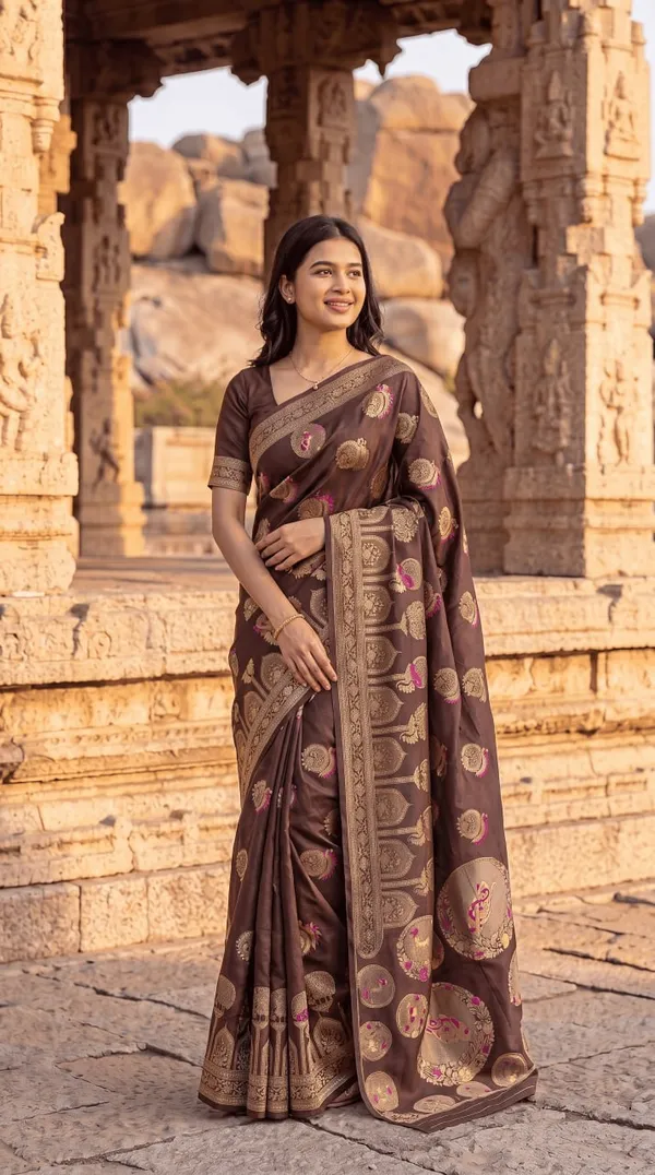 Womens_Premium_Chocolate_Brown_Banarasi_Silk_Blend_Saree_With_Golden_Zari_Woven_Motifs