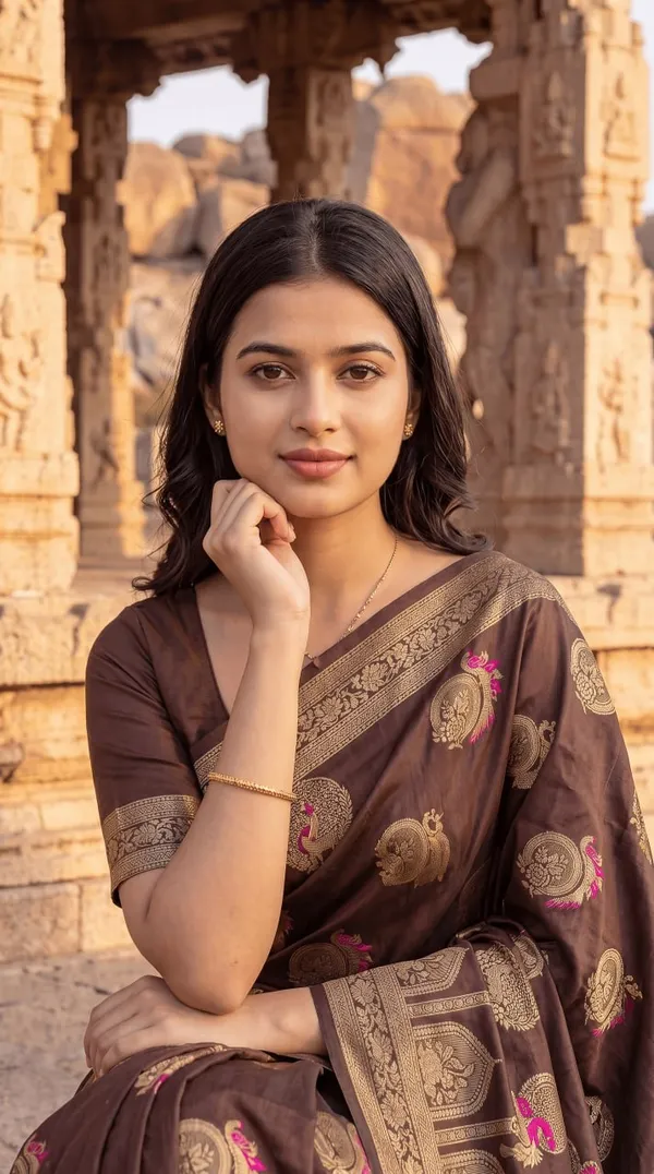 Womens_Premium_Chocolate_Brown_Banarasi_Silk_Blend_Saree_With_Golden_Zari_Woven_Motifs