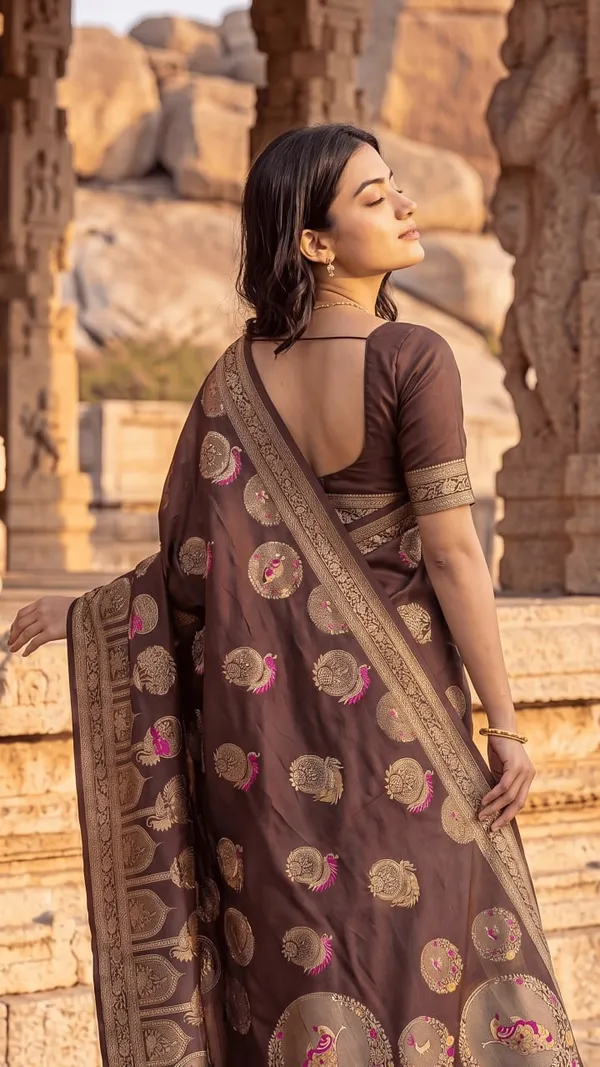Womens_Premium_Chocolate_Brown_Banarasi_Silk_Blend_Saree_With_Golden_Zari_Woven_Motifs