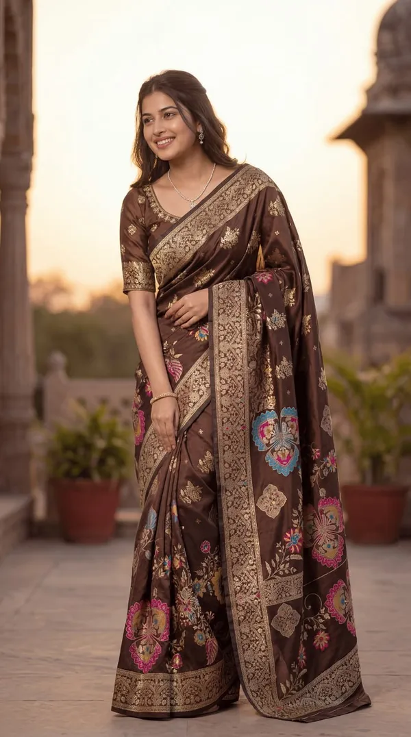 Womens_Premium_Coffee_Brown_Banarasi_Silk_Blend_Saree_With_Floral_Zari_Woven_Design
