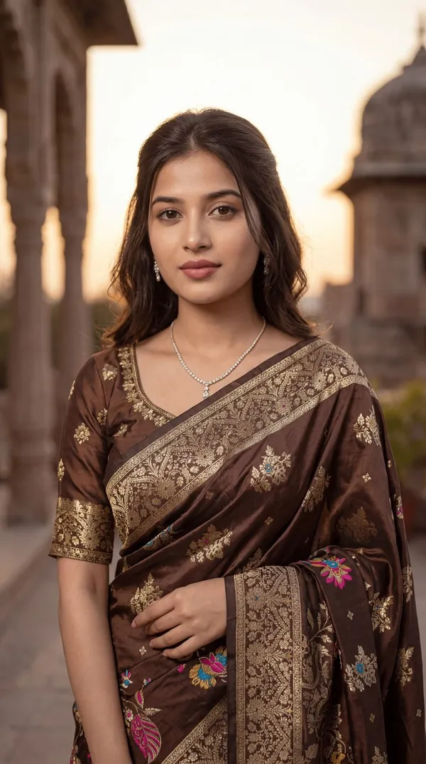 Womens_Premium_Coffee_Brown_Banarasi_Silk_Blend_Saree_With_Floral_Zari_Woven_Design