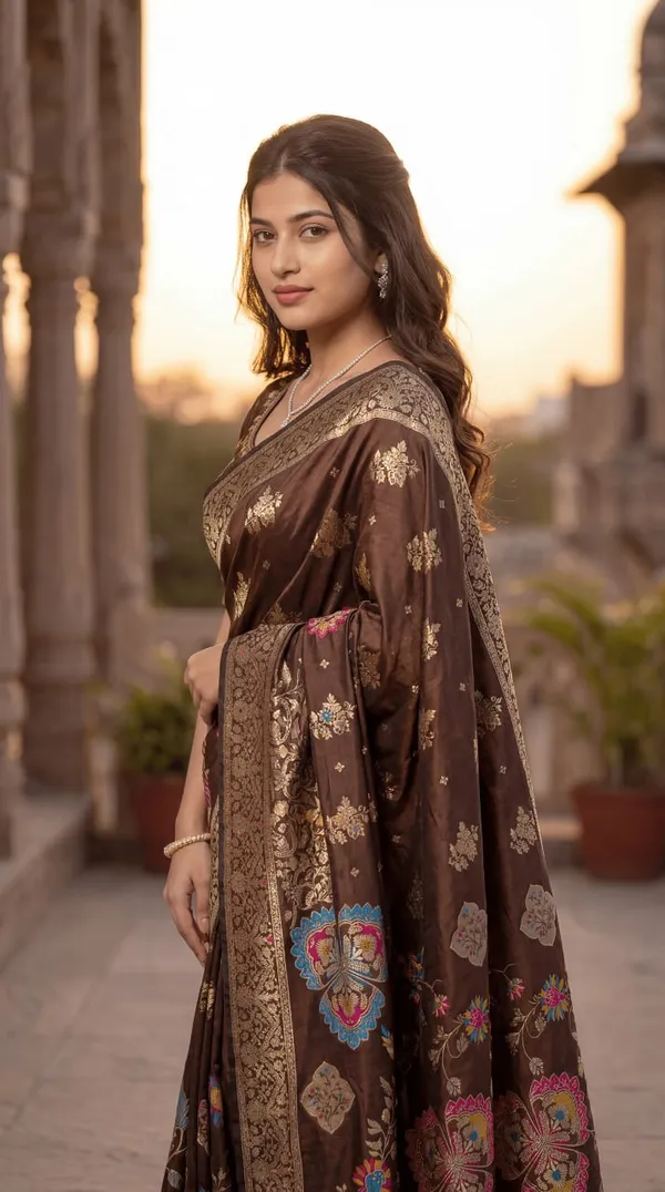Womens_Premium_Coffee_Brown_Banarasi_Silk_Blend_Saree_With_Floral_Zari_Woven_Design
