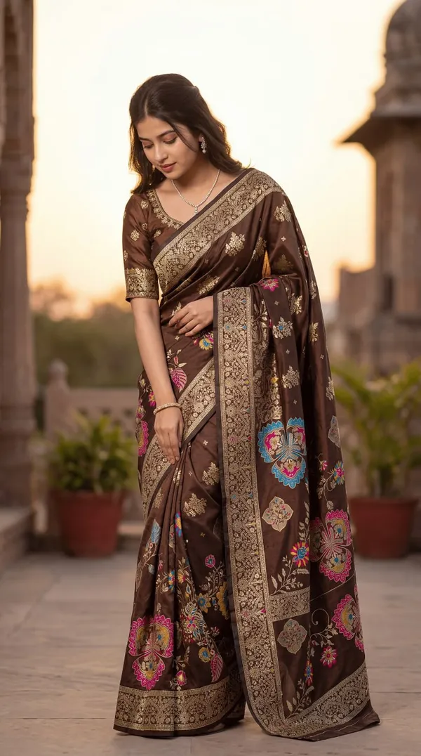 Womens_Premium_Coffee_Brown_Banarasi_Silk_Blend_Saree_With_Floral_Zari_Woven_Design
