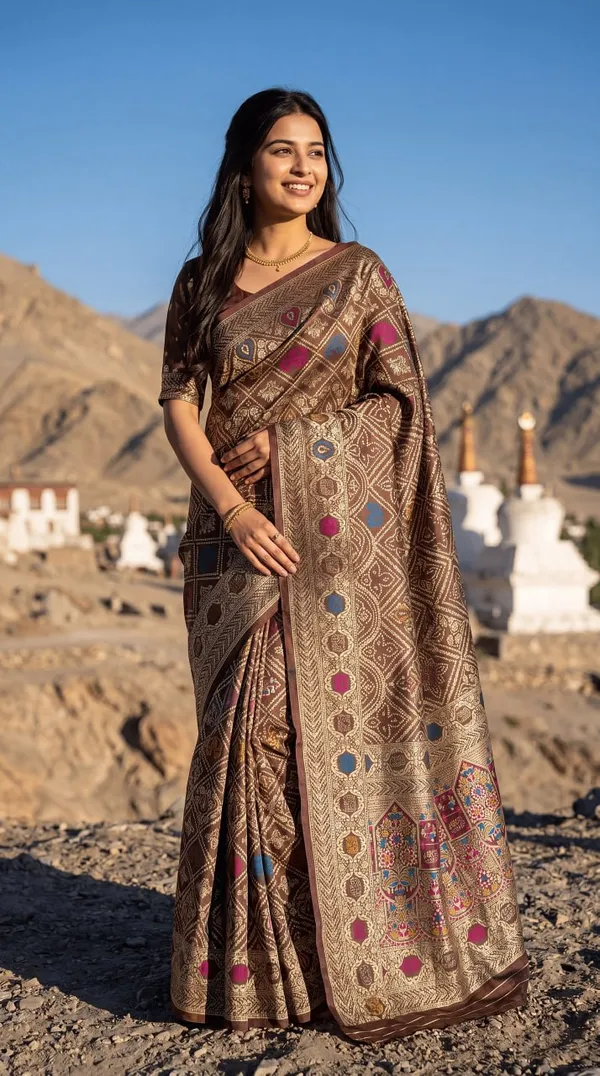 Womens_Premium_Coffee_Brown_Banarasi_Silk_Blend_Saree_With_Multicolor_Zari_Woven_Design