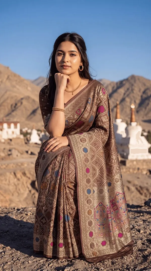 Womens_Premium_Coffee_Brown_Banarasi_Silk_Blend_Saree_With_Multicolor_Zari_Woven_Design