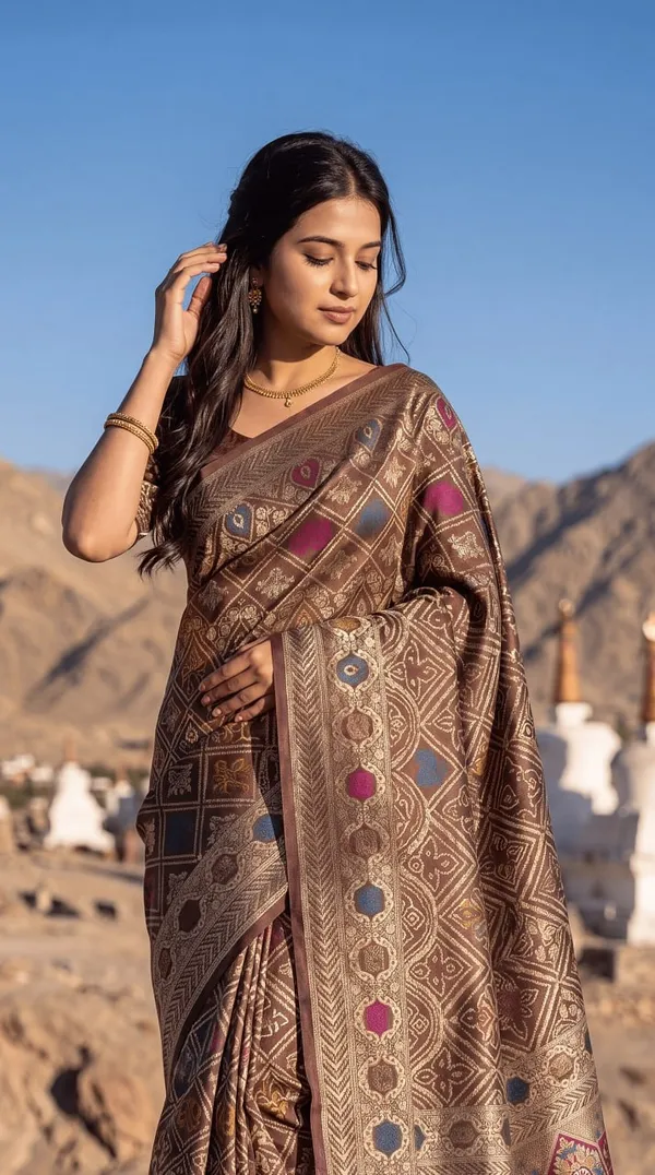 Womens_Premium_Coffee_Brown_Banarasi_Silk_Blend_Saree_With_Multicolor_Zari_Woven_Design