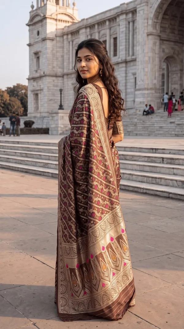 Womens_Premium_Coffee_Brown_Banarasi_Silk_Blend_Saree_With_Rich_Golden_Zari_Weaving
