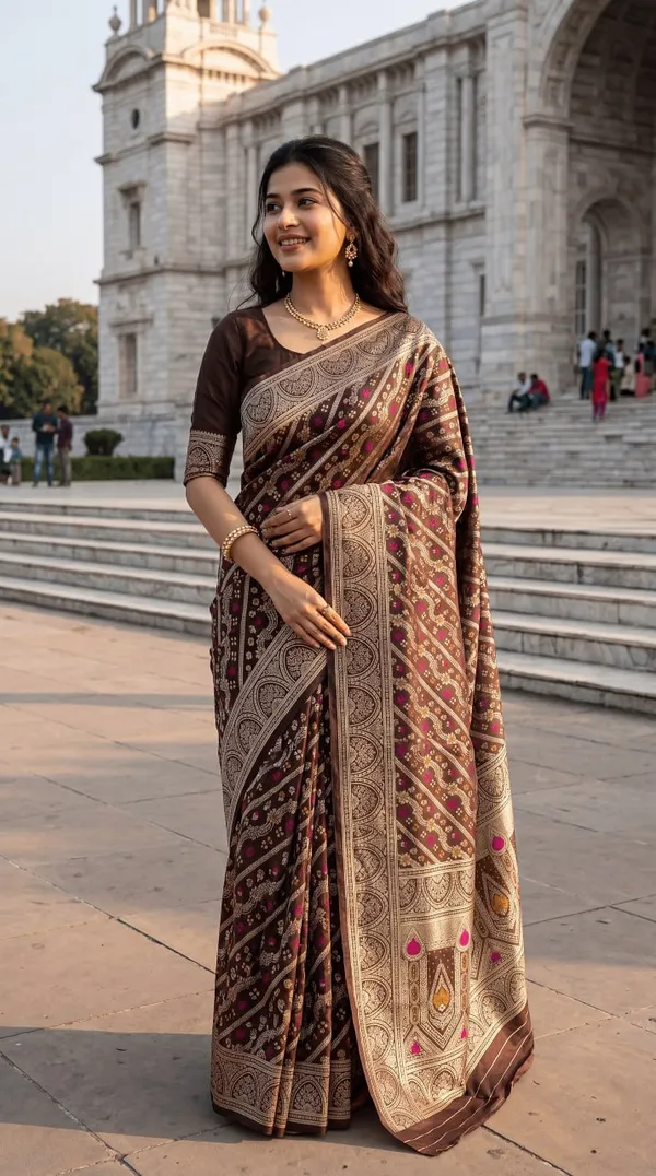 Womens_Premium_Coffee_Brown_Banarasi_Silk_Blend_Saree_With_Rich_Golden_Zari_Weaving