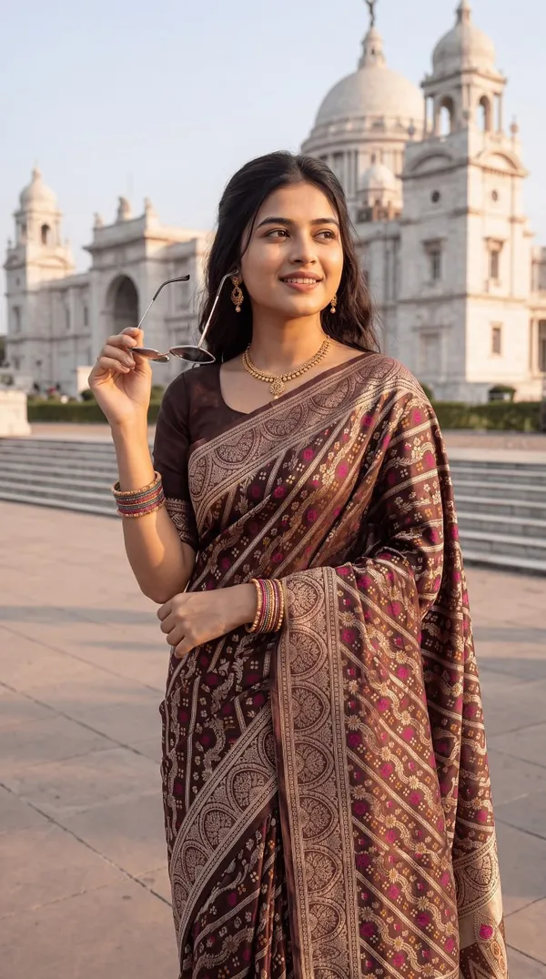 Womens_Premium_Coffee_Brown_Banarasi_Silk_Blend_Saree_With_Rich_Golden_Zari_Weaving