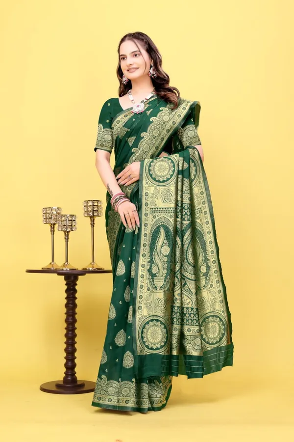 Womens_Premium_Dark_Green_Banarasi_Silk_Blend_Saree_With_Rich_Golden_Zari_Weaving