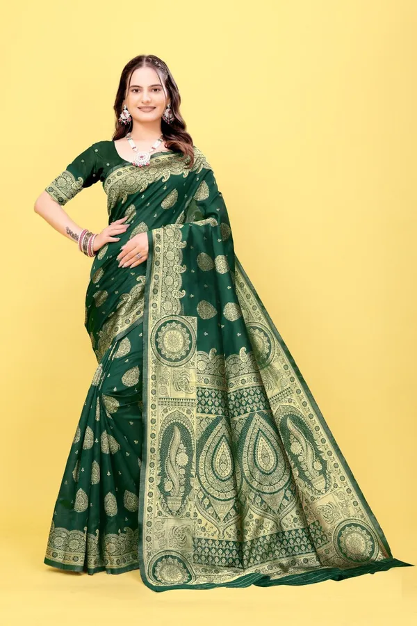 Womens_Premium_Dark_Green_Banarasi_Silk_Blend_Saree_With_Rich_Golden_Zari_Weaving