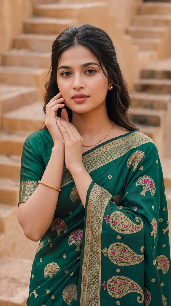 Womens_Premium_Emerald_Green_Banarasi_Silk_Blend_Saree_With_Golden_Zari_Peacock_And_Paisley_Weaving_Color