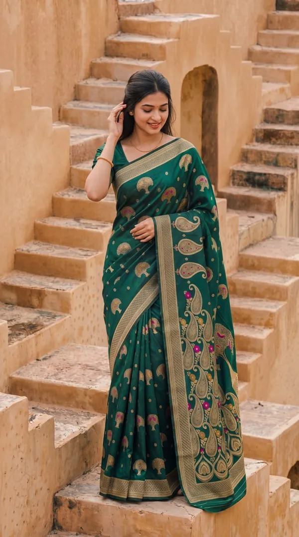 Womens_Premium_Emerald_Green_Banarasi_Silk_Blend_Saree_With_Golden_Zari_Peacock_And_Paisley_Weaving_Color