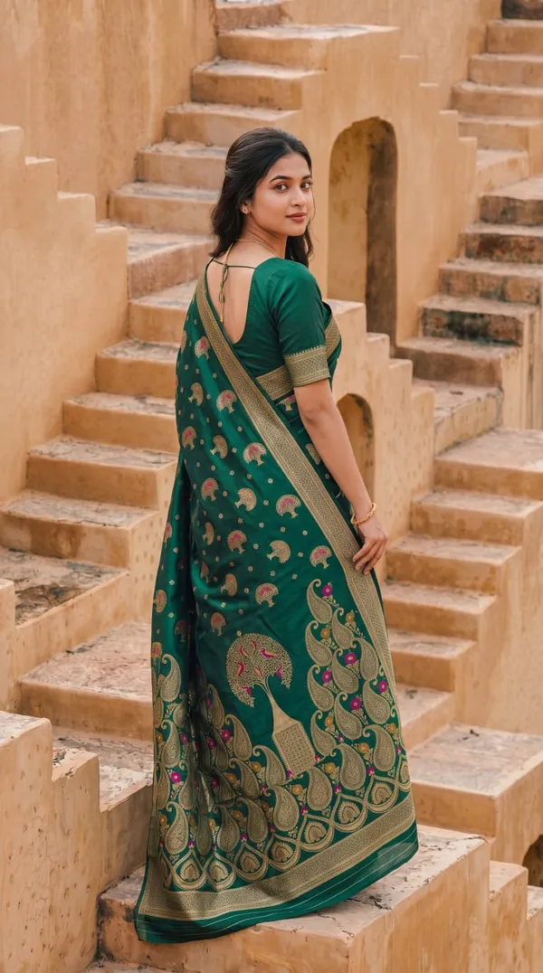 Womens_Premium_Emerald_Green_Banarasi_Silk_Blend_Saree_With_Golden_Zari_Peacock_And_Paisley_Weaving_Color
