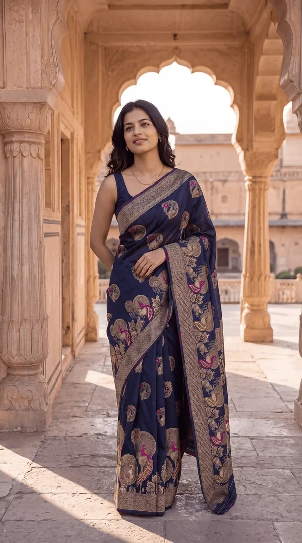 Womens_Premium_Navy_Blue_Banarasi_Silk_Blend_Woven_Saree_With_Peacock_Zari_Border_And_Running_Blouse_Piece