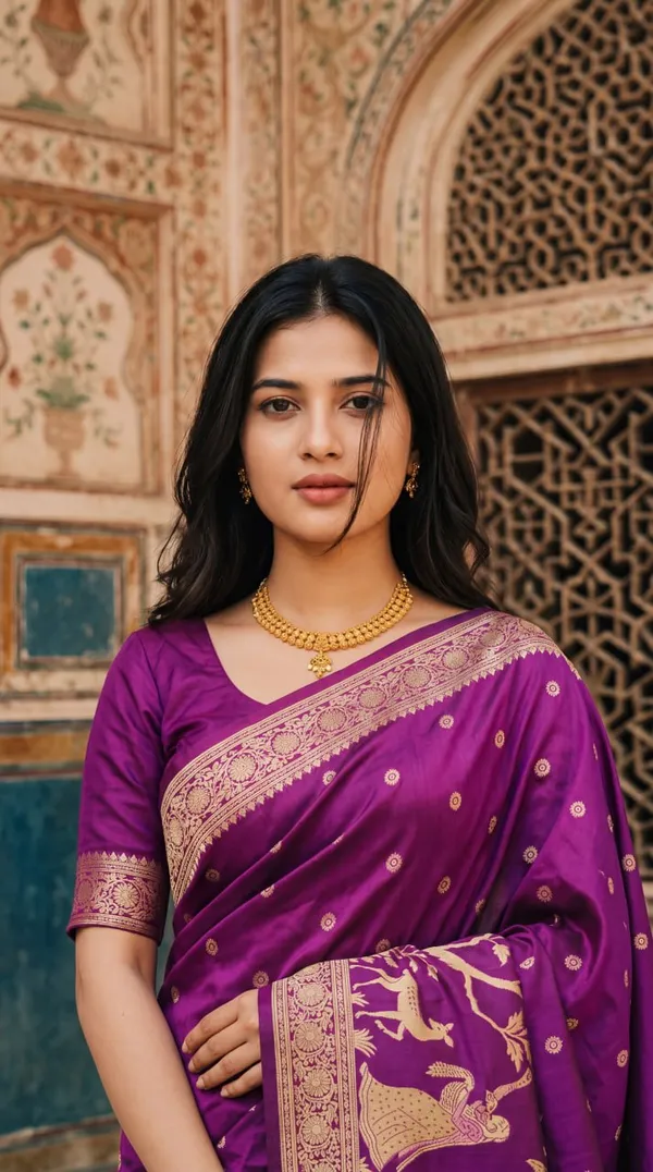 Womens_Premium_Purple_Banarasi_Silk_Blend_Saree_With_Golden_Zari_Woven_Deer_And_Floral_Design