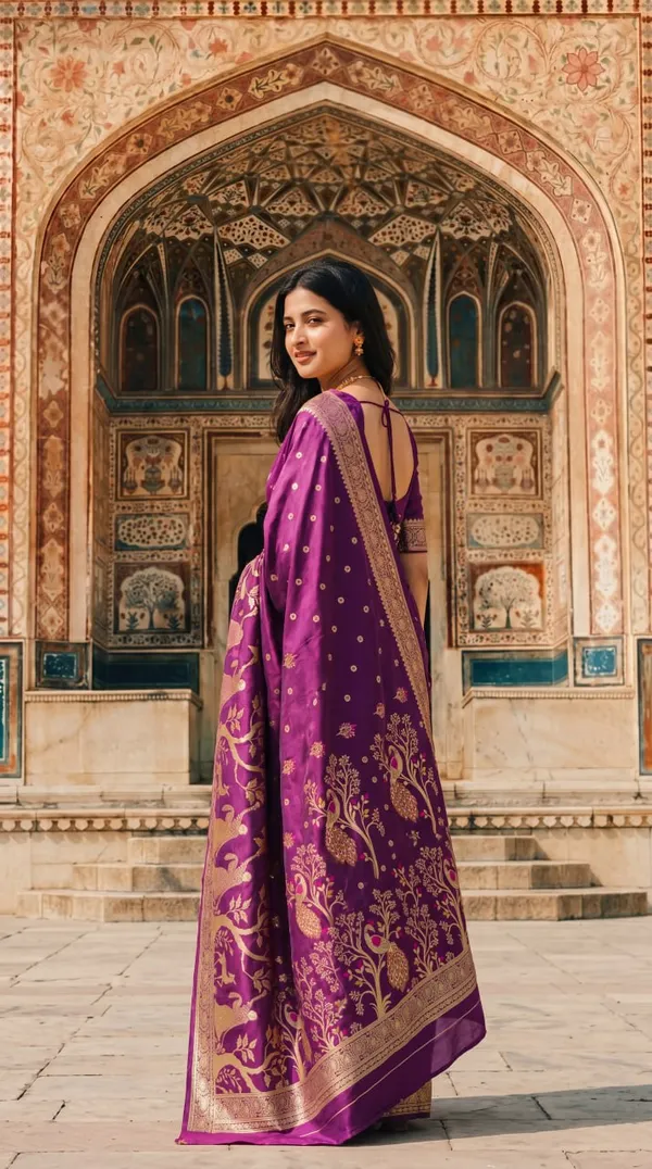 Womens_Premium_Purple_Banarasi_Silk_Blend_Saree_With_Golden_Zari_Woven_Deer_And_Floral_Design