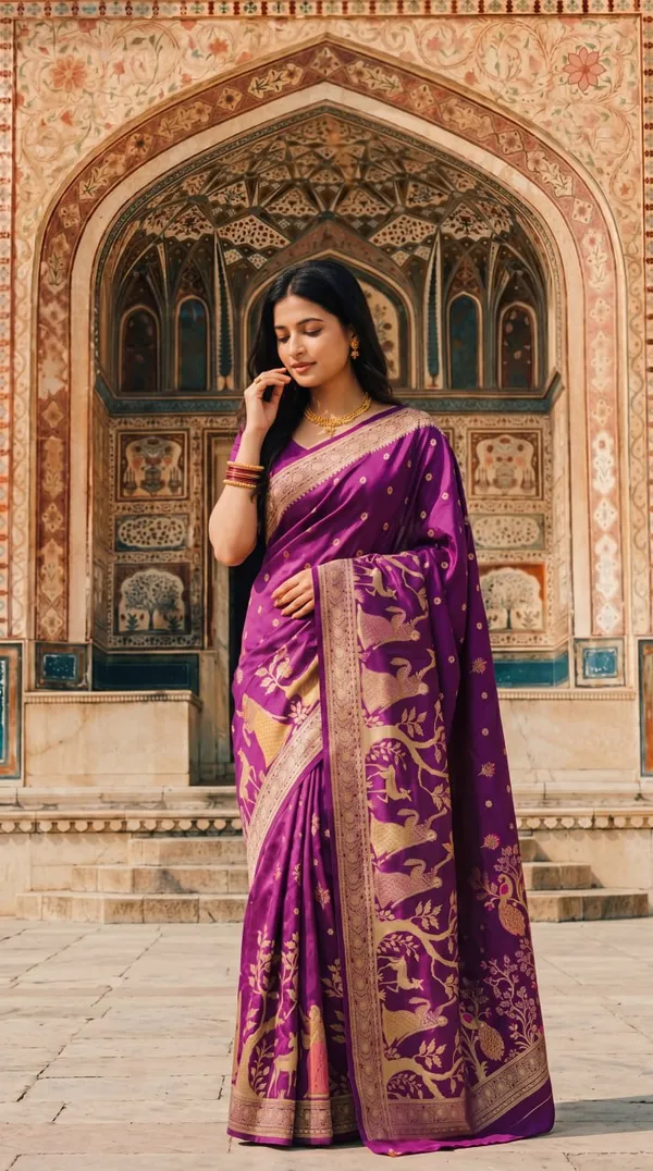 Womens_Premium_Purple_Banarasi_Silk_Blend_Saree_With_Golden_Zari_Woven_Deer_And_Floral_Design
