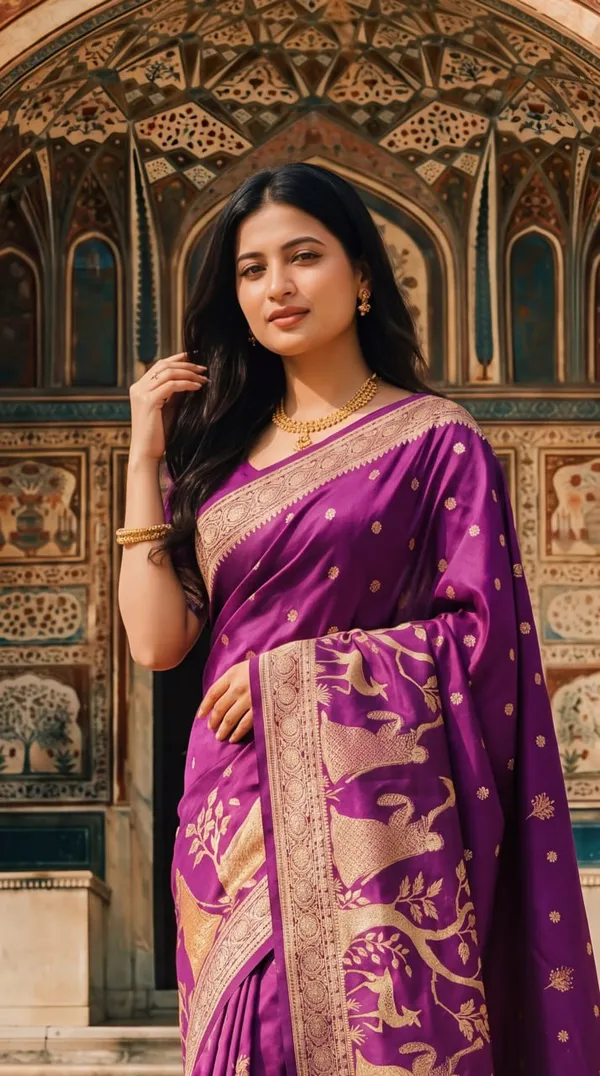 Womens_Premium_Purple_Banarasi_Silk_Blend_Saree_With_Golden_Zari_Woven_Deer_And_Floral_Design