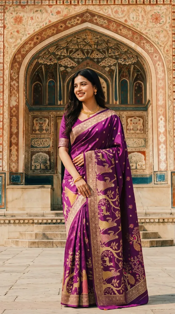 Womens_Premium_Purple_Banarasi_Silk_Blend_Saree_With_Golden_Zari_Woven_Deer_And_Floral_Design
