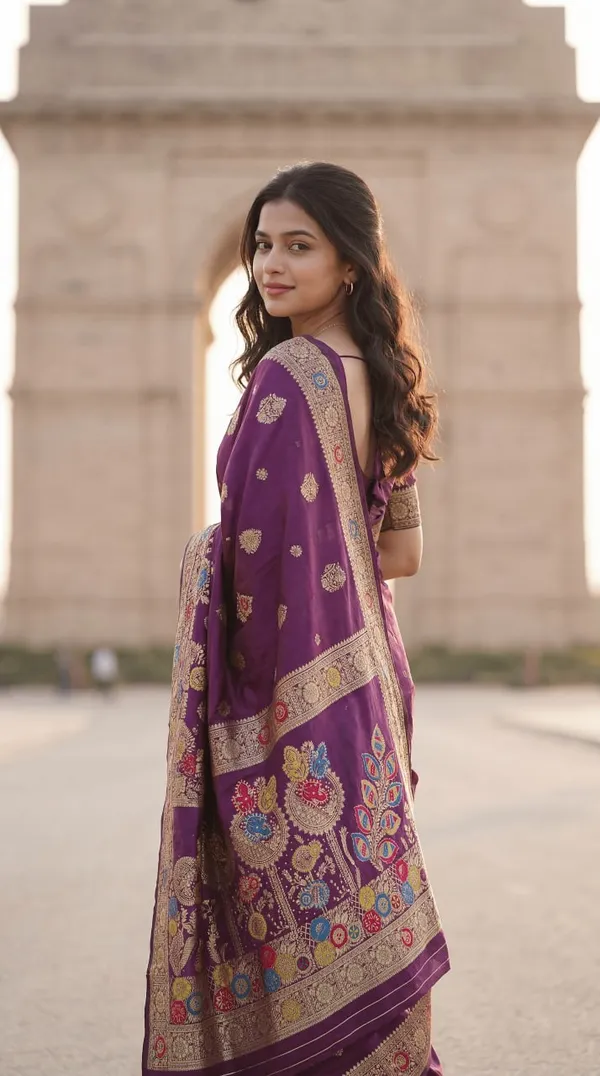 Womens_Premium_Purple_Banarasi_Silk_Blend_Saree_With_Multicolor_Zari_Woven_Border