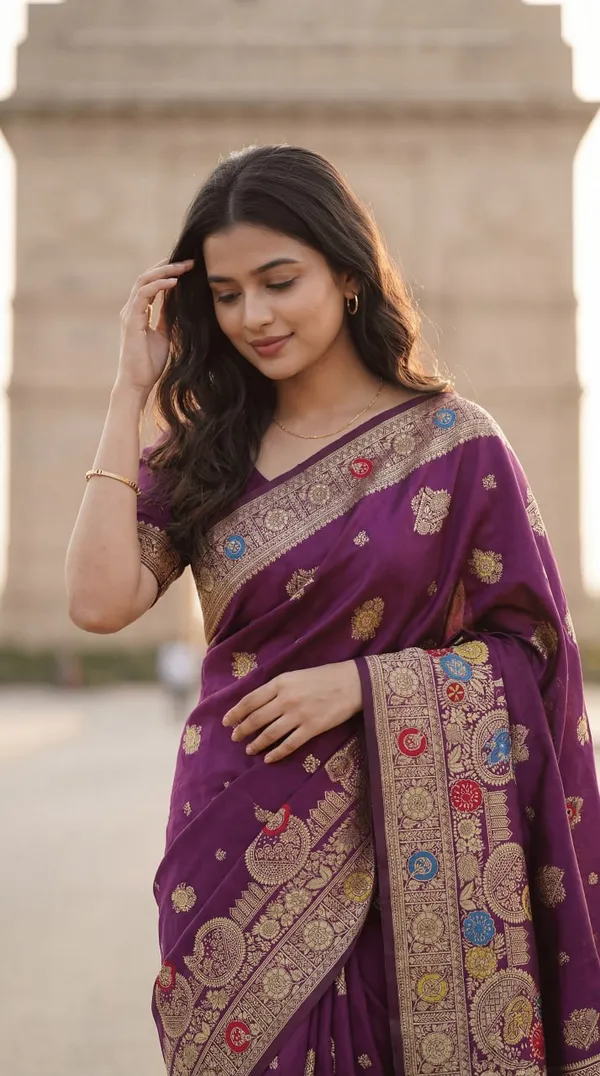 Womens_Premium_Purple_Banarasi_Silk_Blend_Saree_With_Multicolor_Zari_Woven_Border