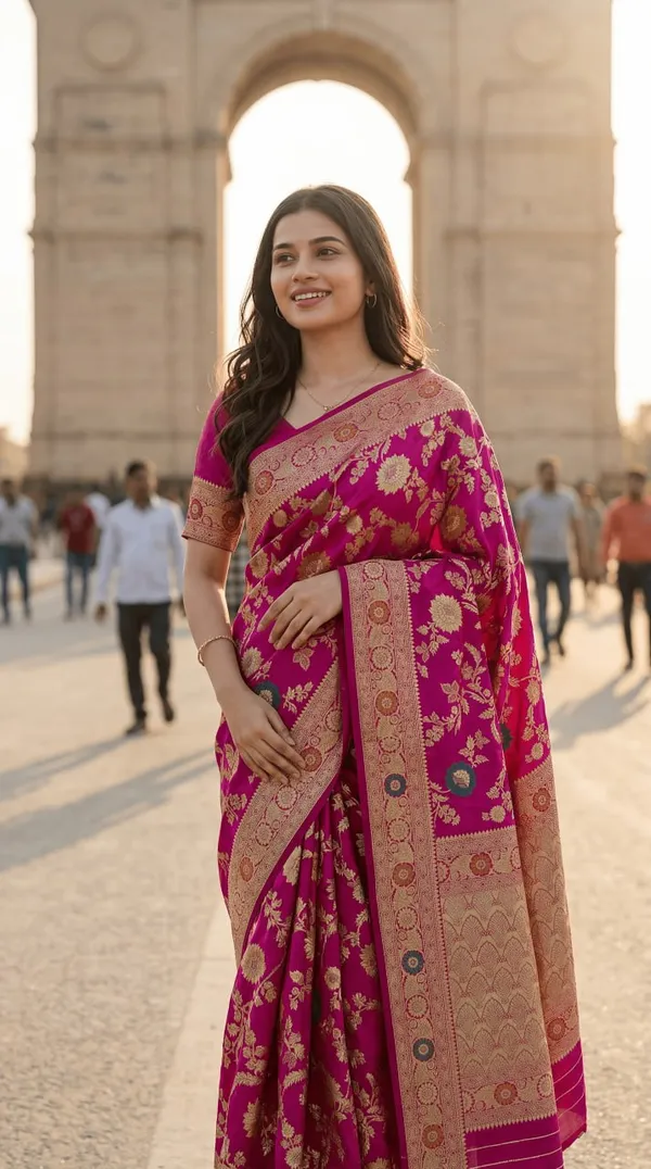 Womens_Premium_Rani_Pink_Banarasi_Silk_Blend_Saree_With_Gold_Floral_Zari_Weaving