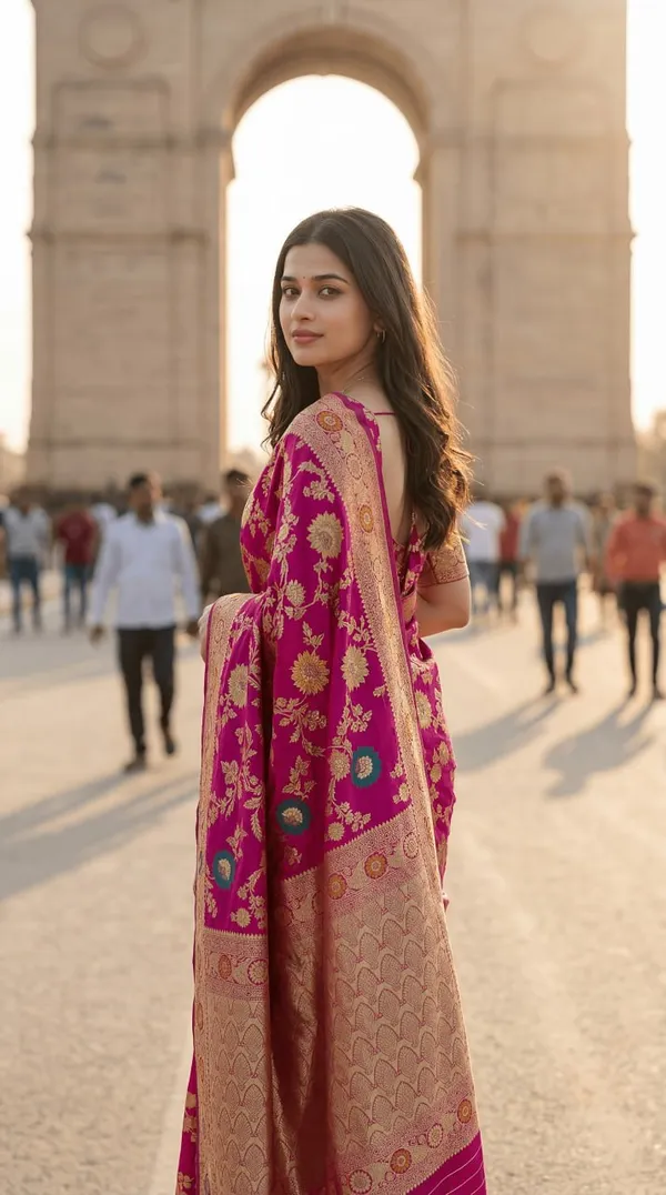 Womens_Premium_Rani_Pink_Banarasi_Silk_Blend_Saree_With_Gold_Floral_Zari_Weaving