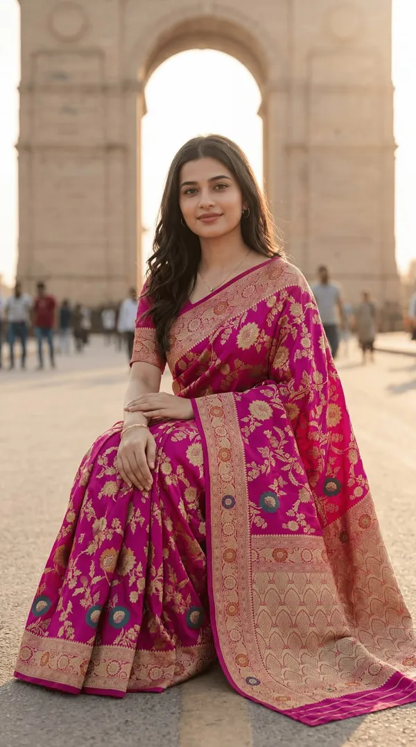 Womens_Premium_Rani_Pink_Banarasi_Silk_Blend_Saree_With_Gold_Floral_Zari_Weaving