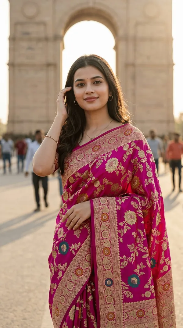 Womens_Premium_Rani_Pink_Banarasi_Silk_Blend_Saree_With_Gold_Floral_Zari_Weaving
