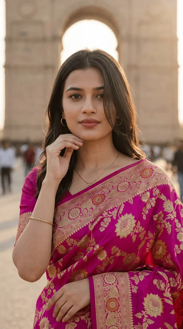 Womens_Premium_Rani_Pink_Banarasi_Silk_Blend_Saree_With_Gold_Floral_Zari_Weaving