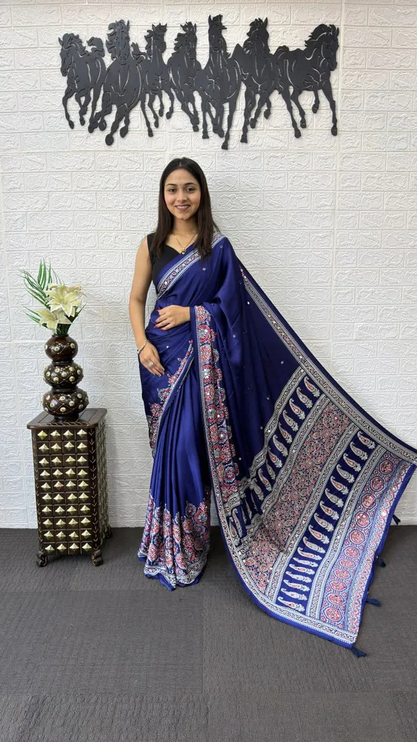 Womens_Premium_Royal_Blue_Ajrakh_Printed_Cotton_Blend_Saree_With_Designer_Border_And_Tassel_Pallu