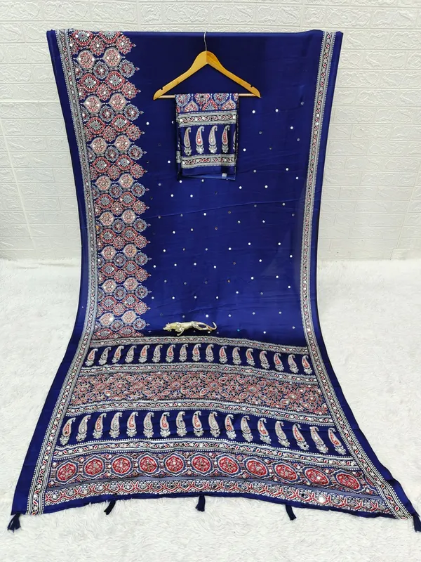 Womens_Premium_Royal_Blue_Ajrakh_Printed_Cotton_Blend_Saree_With_Designer_Border_And_Tassel_Pallu